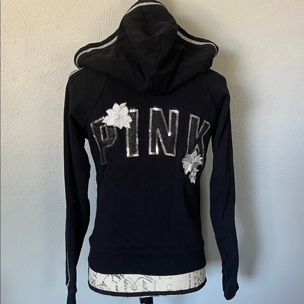 PINK Victoria's Secret Women’s Rare Sequin Floral Black Hoodie Dog Logo Small